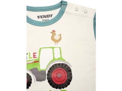 Fendt Sweatshirt für Babys 100 % Bio-Baumwolle weiß; türkis, Aufdruck Little Farmer, Traktor und Huhn