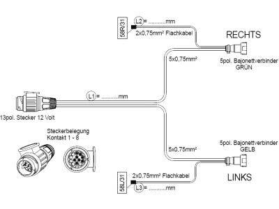 Anschlusskabel 5,5 m 13-polig; 5-polig; 2-polig, 2 x DC je 0,1 m, DIN ISO 11446, 12 V