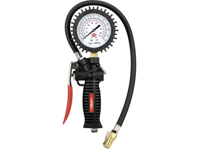 Airpress Reifenfüllprüfer, 0 bis 12 bar, 1/4" AG, vertikales Manometer, doppelte Skala (bar/psi), Gummischutz, ohne Druckluftstecker, 42078 Airpress Reifenfüllprüfer, 0 bis 12 bar, 1/4" AG, vertikales Manometer, doppelte Skala (bar/psi), Gummischutz, ohne Druckluftstecker, 42078