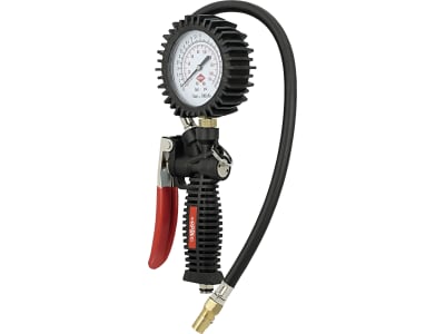 Airpress Reifenfüllprüfer, 0 bis 12 bar, 1/4" AG, vertikales Manometer, doppelte Skala (bar/psi), Gummischutz, ohne Druckluftstecker, 42078 Airpress Reifenfüllprüfer, 0 bis 12 bar, 1/4" AG, vertikales Manometer, doppelte Skala (bar/psi), Gummischutz, ohne Druckluftstecker, 42078