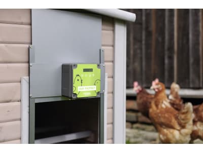 KERBL Hühnerklappe "Easy Protect" 28,5 x 25 cm Komplettset inkl. Steuerung und Führungsschienen für Geflügelställe, grau, 70590