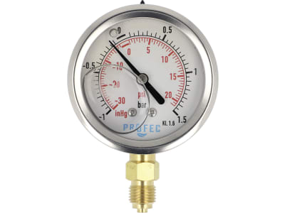 Glyzerin-Manometer -1 bis 1,5 bar, Anschluss 1/4" AG unten, Ø außen 63 mm