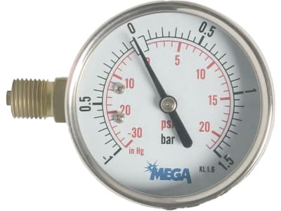 Glyzerin-Manometer -1 bis 1,5 bar, Anschluss 1/4" AG seitlich, Ø außen 63 mm