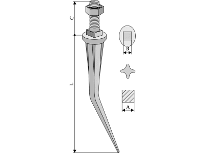 Industriehof® Eggenzinken, 180 mm, M 14 x 40 mm, Vierkant, gebogen, Qualitäts-Rundstahl gesenkgeschmiedet, ungehärtet, Naturhart C 45, 1618042