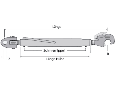 Oberlenker A Kat. 3; B Kat. 2 mit Fanghaken und Gabelgelenkkopf , M 30 x 3,5, 550 – 790 mm, Hülse schwarz pulverbeschichtet