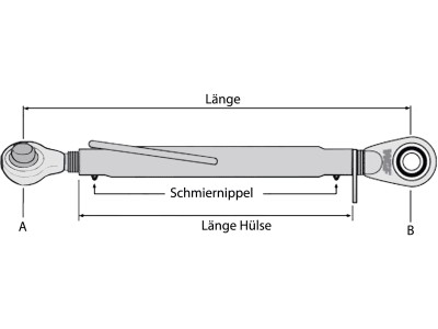 Oberlenker A 22,25 mm; B Kat. 2, M 30 x 3,5, 640 – 890 mm, Hülse schwarz pulverbeschichtet, für Fendt