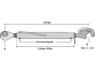 Oberlenker A 20,25 mm; B Kat. 2 mit Fanghaken , M 30 x 3,5, Hülse schwarz pulverbeschichtet, für John Deere