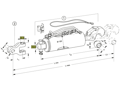 Walterscheid Hydraulischer Oberlenker "HOLHS-C 120", Kat. 4, Hub 183 mm, Gabelgelenk (ohne Gabelkopf), Fanghaken, 1205131