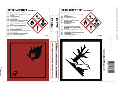 Gefahrstoffaufkleber für Kanister mit Ottokraftstoff ab 3,1 Liter und Dieselkraftstoff ab 20 Liter Gefahrstoffaufkleber für Kanister mit Ottokraftstoff ab 3,1 Liter und Dieselkraftstoff ab 20 Liter