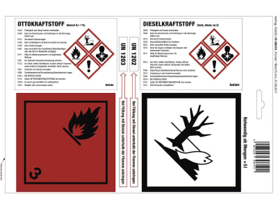 Gefahrstoffaufkleber für Kanister mit Ottokraftstoff ab 3,1 Liter und Dieselkraftstoff ab 20 Liter