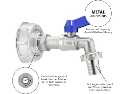 Geka® Adapter G 3/4" IG; S 60 x 6 IG mit Kugelauslaufventil, für IBC-Tank, 30.0044.8