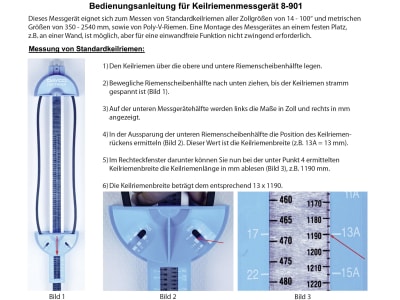 Keilriemenmessgerät für die Ermittlung aller zölligen und metrischen Größen