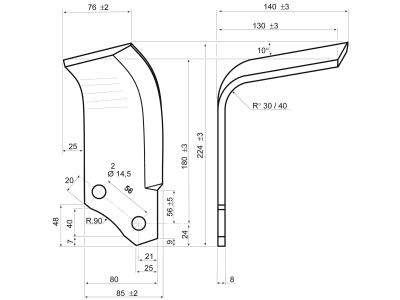 Fräsmesser links/rechts L x B x S 224 x 80 x 8 mm, Bohrung 14,5 mm für Maschio Fräse B, BI, C, SC