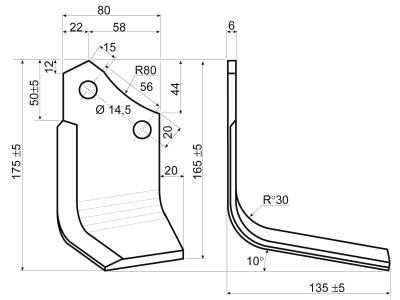 Fräsmesser rechts L x B x S 175 x 80 x 6 mm, Bohrung 14,5 mm für Maschio Fräse NC