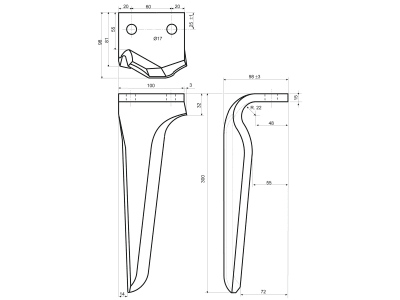 Kreiseleggenzinken links 100 x 300 x 15 mm, Bohrung 17 mm, geschraubt für Maschio Kreiseleggen DM