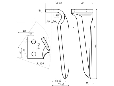 Kreiseleggenzinken links/rechts 90 x 287 x 15 mm, Bohrung 17 mm, geschraubt für Maschio Kreiseleggen DL, DS, DC Kreiseleggenzinken links/rechts 90 x 287 x 15 mm, Bohrung 17 mm, geschraubt für Maschio Kreiseleggen DL, DS, DC