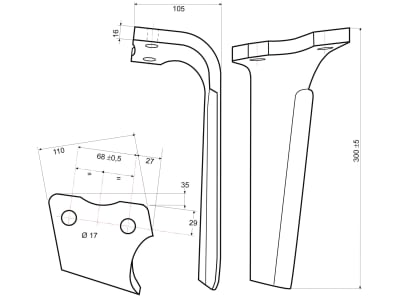 Kreiseleggenzinken rechts 110 x 300 x 16 mm, Bohrung 17 mm, geschraubt für Kuhn