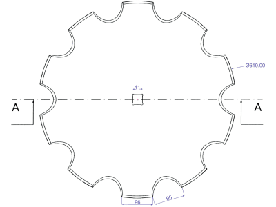 Eggenscheibe 610 x 6 mm, ZB Vierkant, 41 x 41 mm, gewölbt, gezahnt, für Dal-Bo Scheibenegge