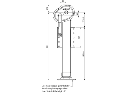 Teleskop-Stützfuß Stützlast 10 t, Höhe 985 – 1.455 mm, Hub 470 mm, mit Getriebkurbel Teleskop-Stützfuß Stützlast 10 t, Höhe 985 – 1.455 mm, Hub 470 mm, mit Getriebkurbel
