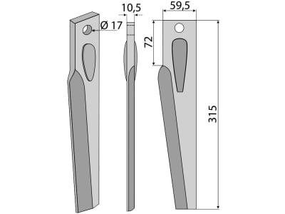 Industriehof® Kreiseleggenzinken rechts 59,5 x 315 x 10,5 mm, Bohrung 17 mm für Lely, RH-80-R