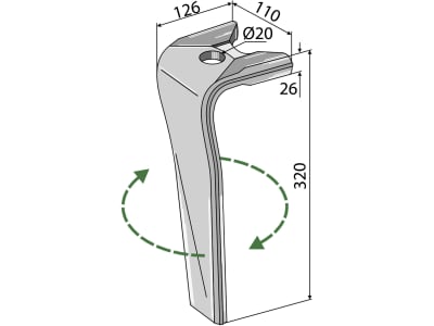 Industriehof® Kreiseleggenzinken links 110 x 320 x 26,5 mm, Bohrung 20 mm für Kuhn, RH-119-L
