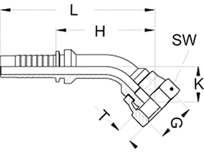 Dichtnippel "DKR" 45 °, DN 10 - 3/8", 1/2"-14, flachdichtend, mit gecrimpter Mutter Dichtnippel "DKR" 45 °, DN 10 - 3/8", 1/2"-14, flachdichtend, mit gecrimpter Mutter