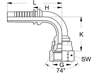 Dichtkegelnippel "DKJ" 90 °, metrisch, zylindrisch, Aussenkung 60°, gecrimpte Überwurfmutter, für Komatsu Dichtkegelnippel "DKJ" 90 °, metrisch, zylindrisch, Aussenkung 60°, gecrimpte Überwurfmutter, für Komatsu