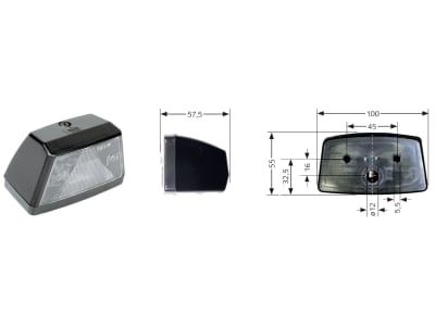 Kennzeichenleuchte "K 415" links/rechts, schwarz, quadratisch, 100 x 55 x 57,5 mm, E1 22838 Kennzeichenleuchte "K 415" links/rechts, schwarz, quadratisch, 100 x 55 x 57,5 mm, E1 22838