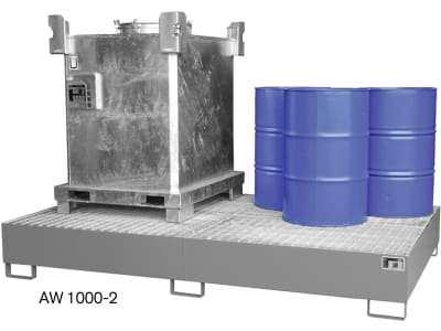 Bauer® Auffangwanne "AW 1000-2", für 2 x 1.000 l-IBC, lackiert, resedagrün (RAL 6011), mit Gitterrost