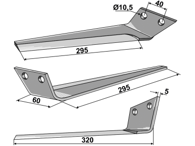 Industriehof® Köpfermesser links 320 x 60 x 5 mm, Abstand Bohrungen 40 mm für Kleine, 34-KLE-99R