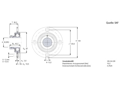 SKF Stahlblechgehäuse PF 85, rund, 4-Loch, für Y-Lager YET 209, YEL 209, YAT 209, YAR 209