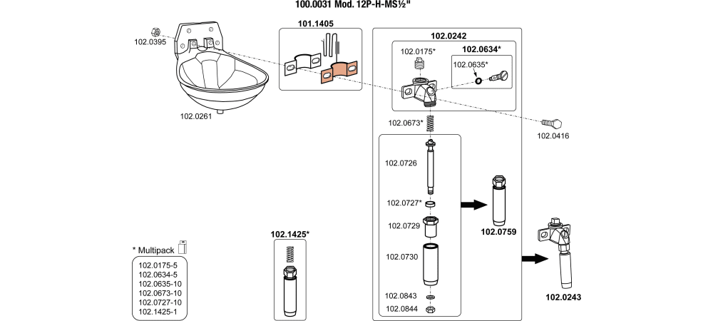 SUEVIA Tränkebecken Mod. 12P-H-MS 1/2" Explo-Zeichnung