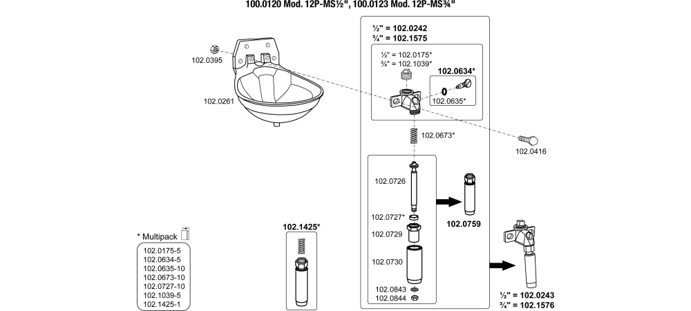 SUEVIA Tränkebecken Mod. 12P-MS 1/2" Explo-Zeichnung