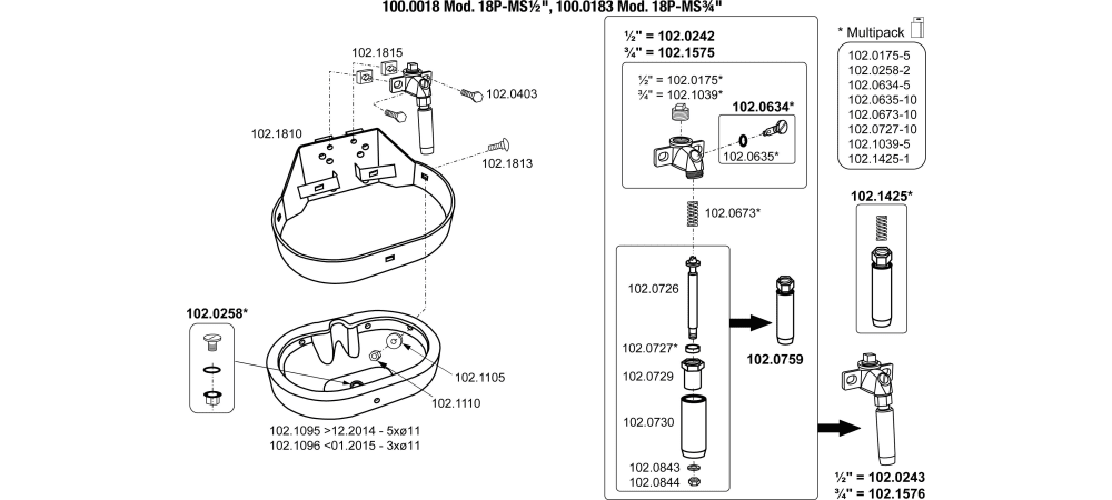 SUEVIA Tränkebecken Mod. 18P-MS 1/2" Explo-Zeichnung