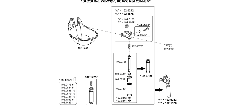 SUEVIA Tränkebecken Mod. 25R-MS 1/2" Explo-Zeichnung