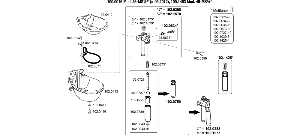SUEVIA Tränkebecken Mod. 46-MS 1/2" (ab Bj. 03.12) Explo-Zeichnung