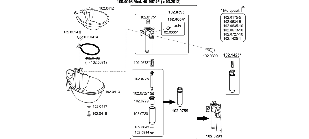 SUEVIA Tränkebecken Mod. 46-MS 1/2" (bis Bj. 03.12) Explo-Zeichnung