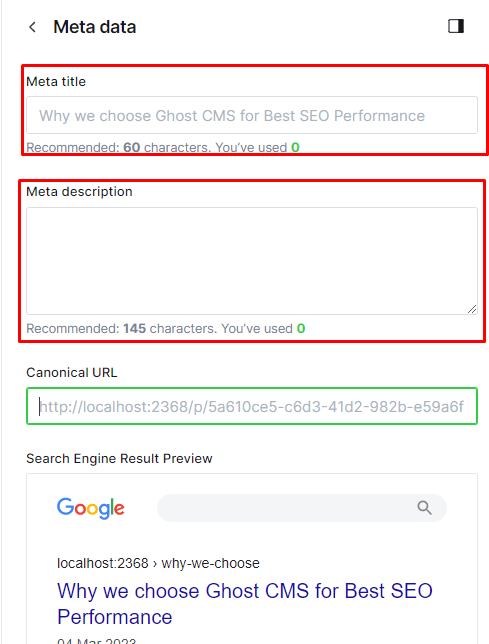SEO benefits of using Ghost CMS, Meta title, description, SERP overview