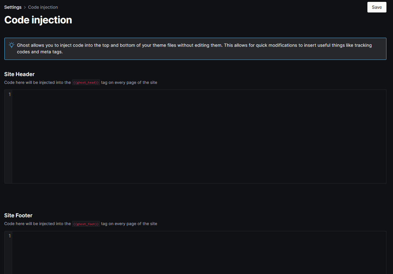 Technical SEO features of Ghost CMS, Code Injection for adding extra tracking or meta code