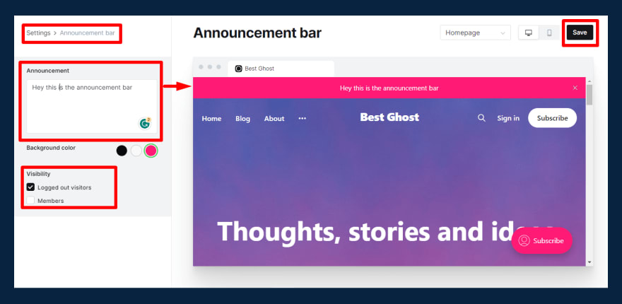 Announcement bar page