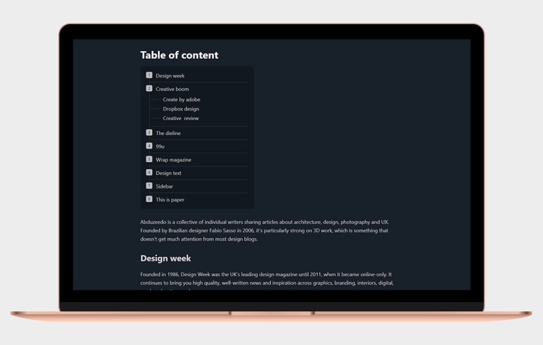 Newsportal - table of content