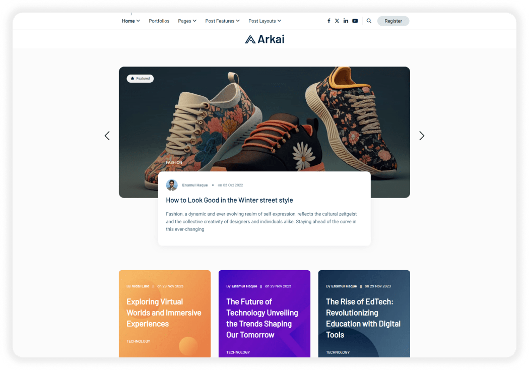 Arkai responsive blog theme: Home 1