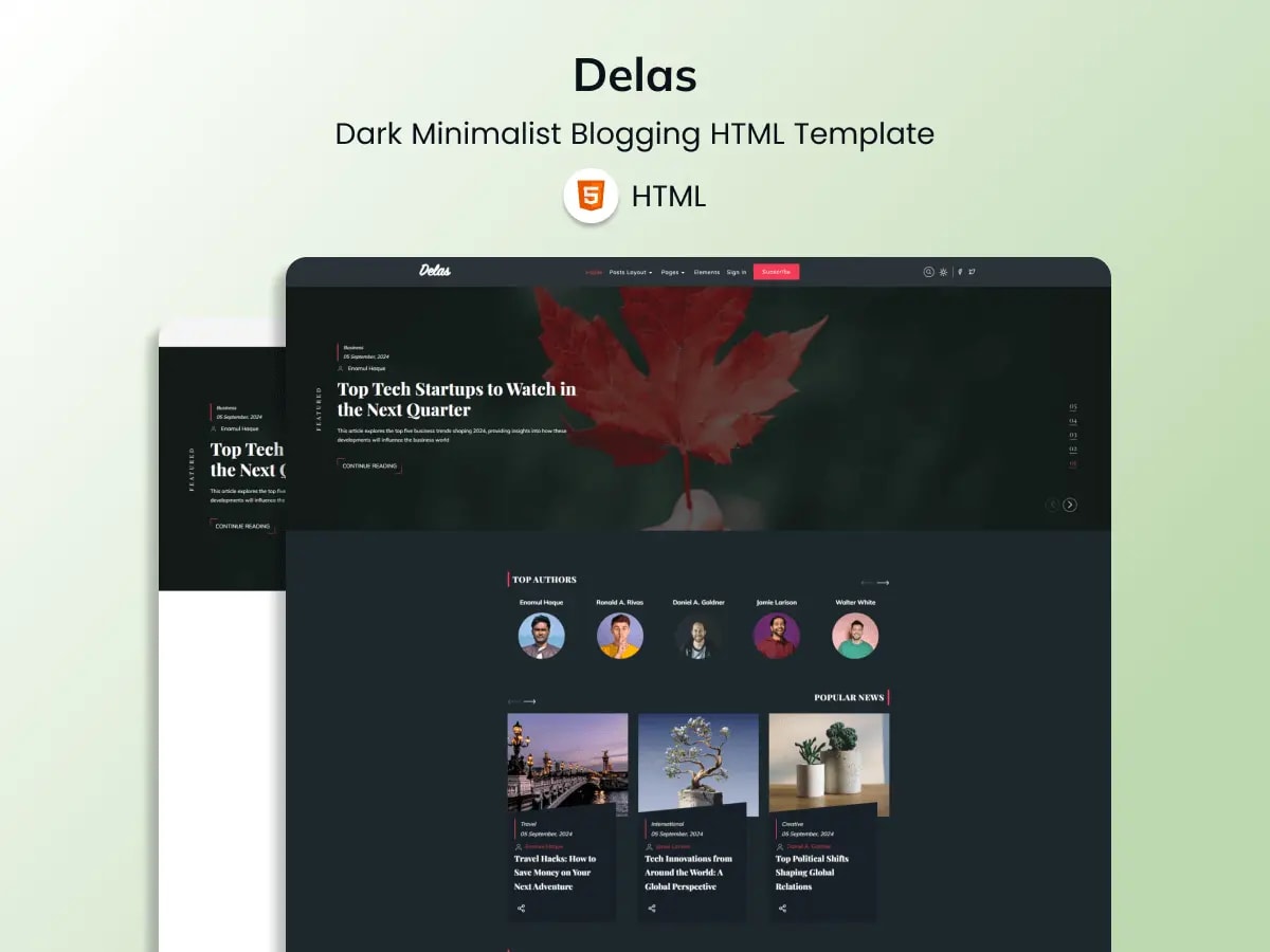 Delas - Dark And Lightweight Minimalist Blogging HTML Template