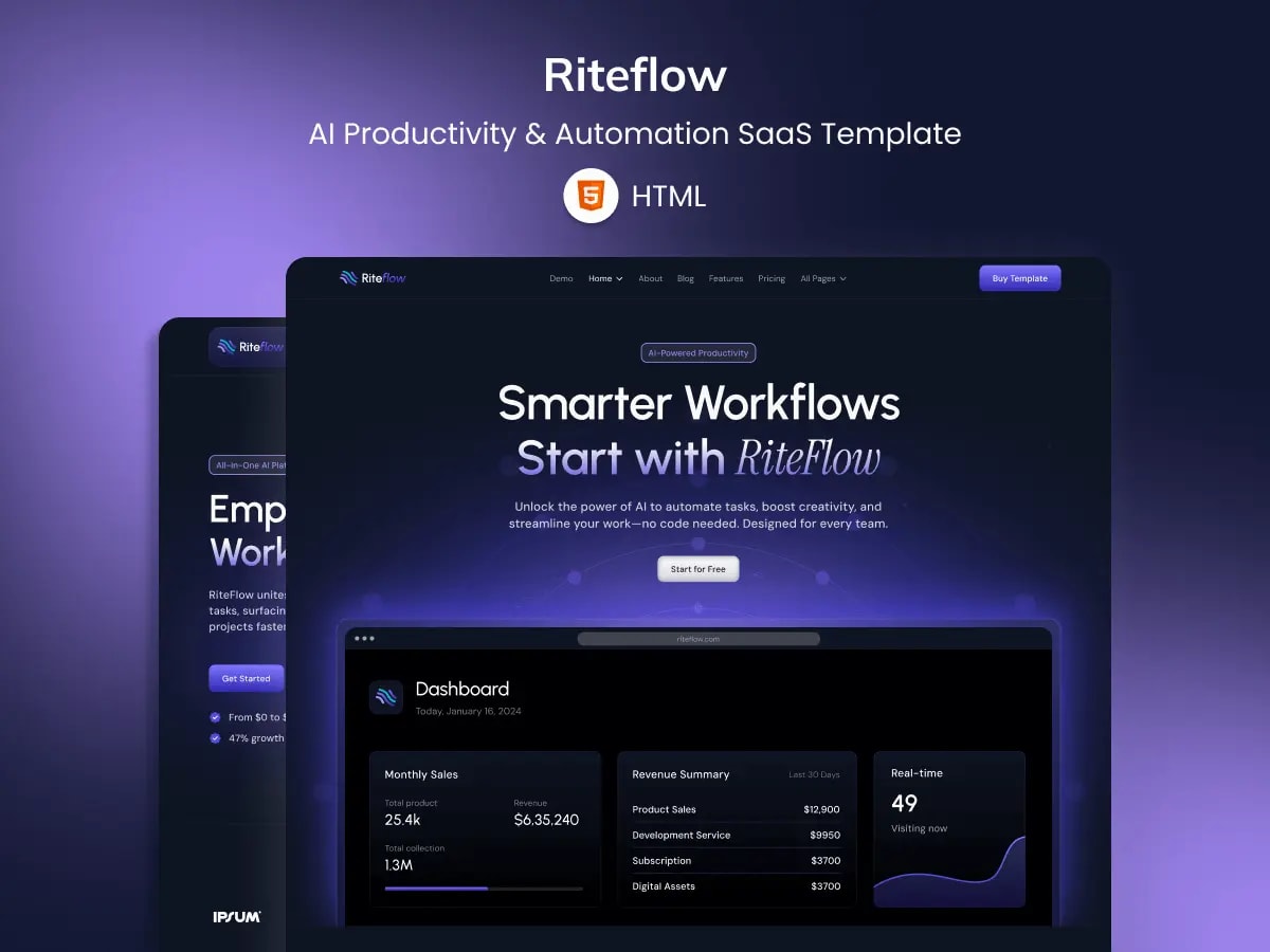 Riteflow - SaaS & AI Startup HTML Template