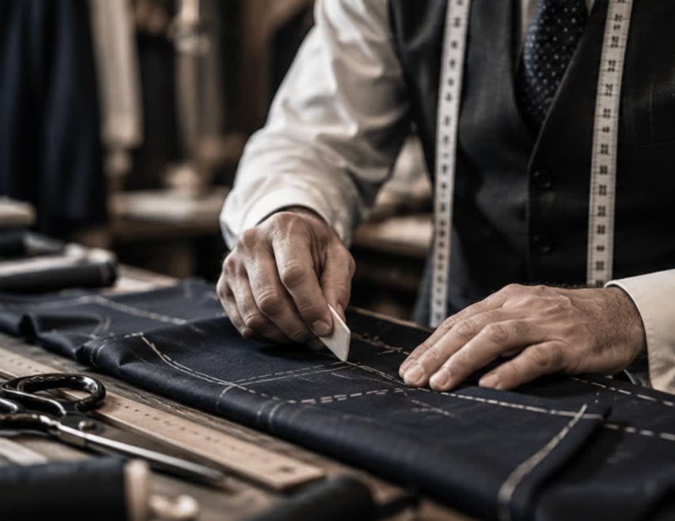 A tailor chalking a navy suit pattern by hand on the cutting table