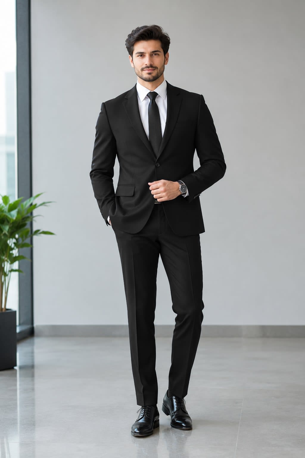 Black formal two-piece suit with white shirt and black tie