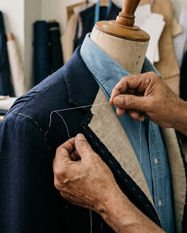 A master tailor hand-stitching the canvas of a jacket lapel