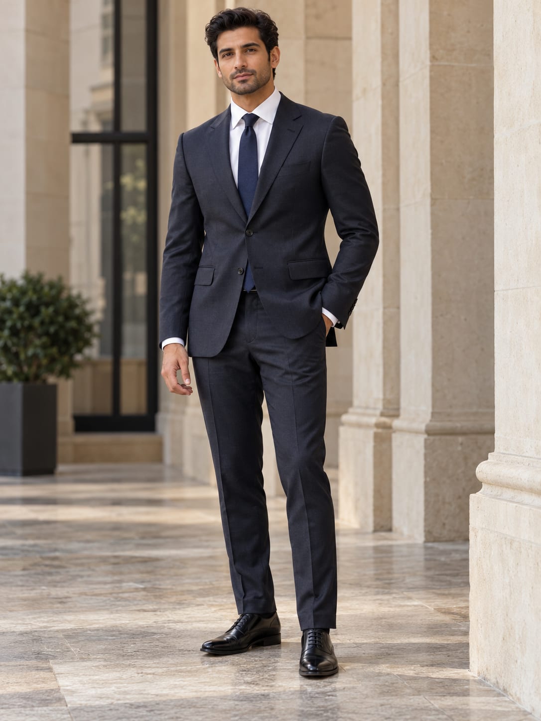 Model in a dark formal business suit with a white shirt and navy tie