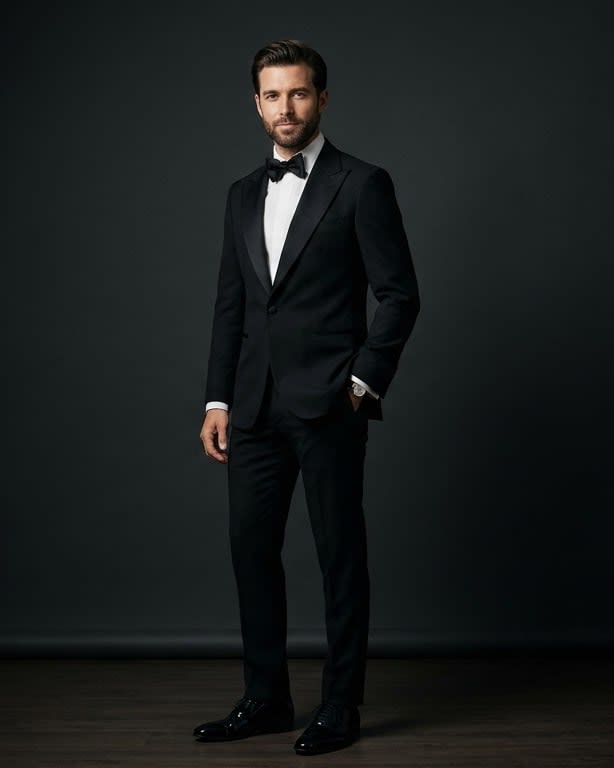 Model in a black peak-lapel tuxedo with bow tie