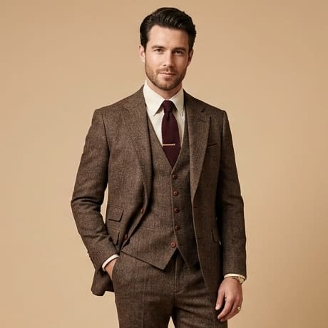 Brown herringbone tweed three-piece with horn-buttoned waistcoat